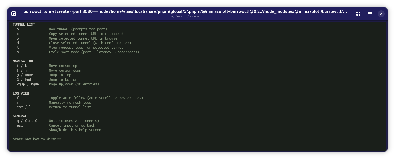 Burrow help screen showing available commands