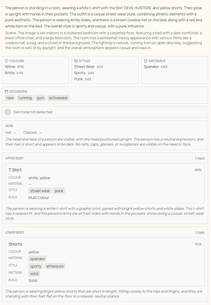 Upgraded classification output showing colours, garments, materials, styles, and patterns