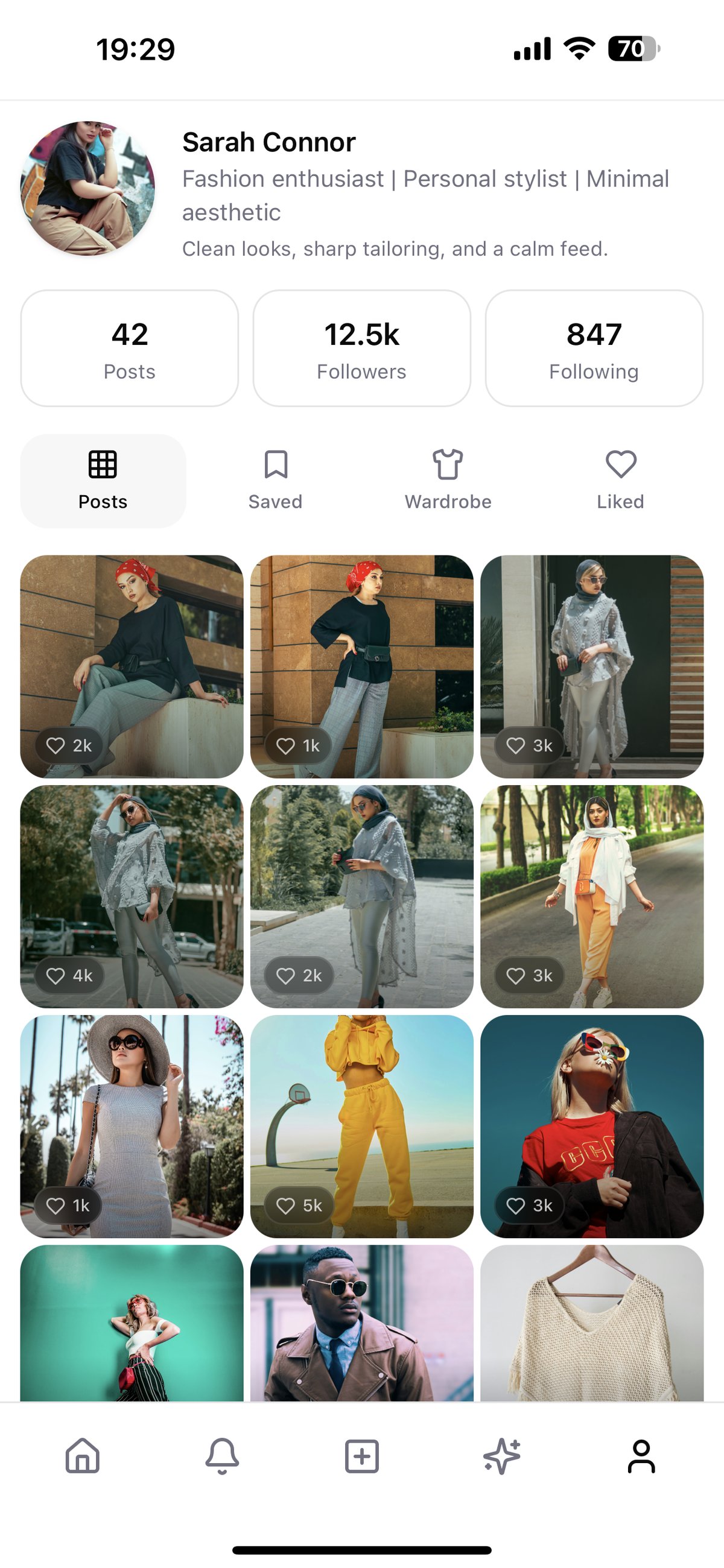 User profile page showing wardrobe and style identity