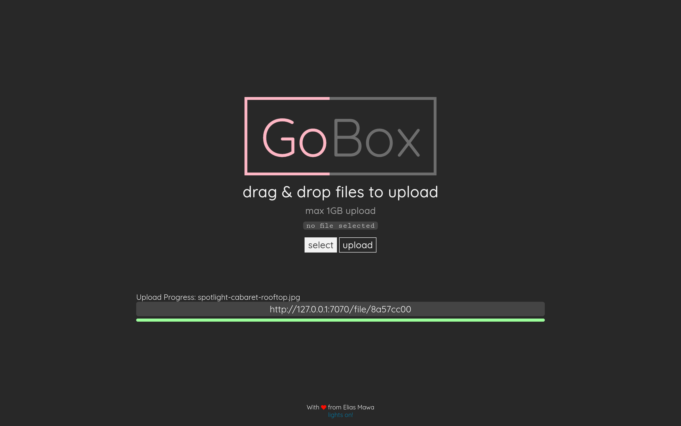 GoBox showing an active file upload