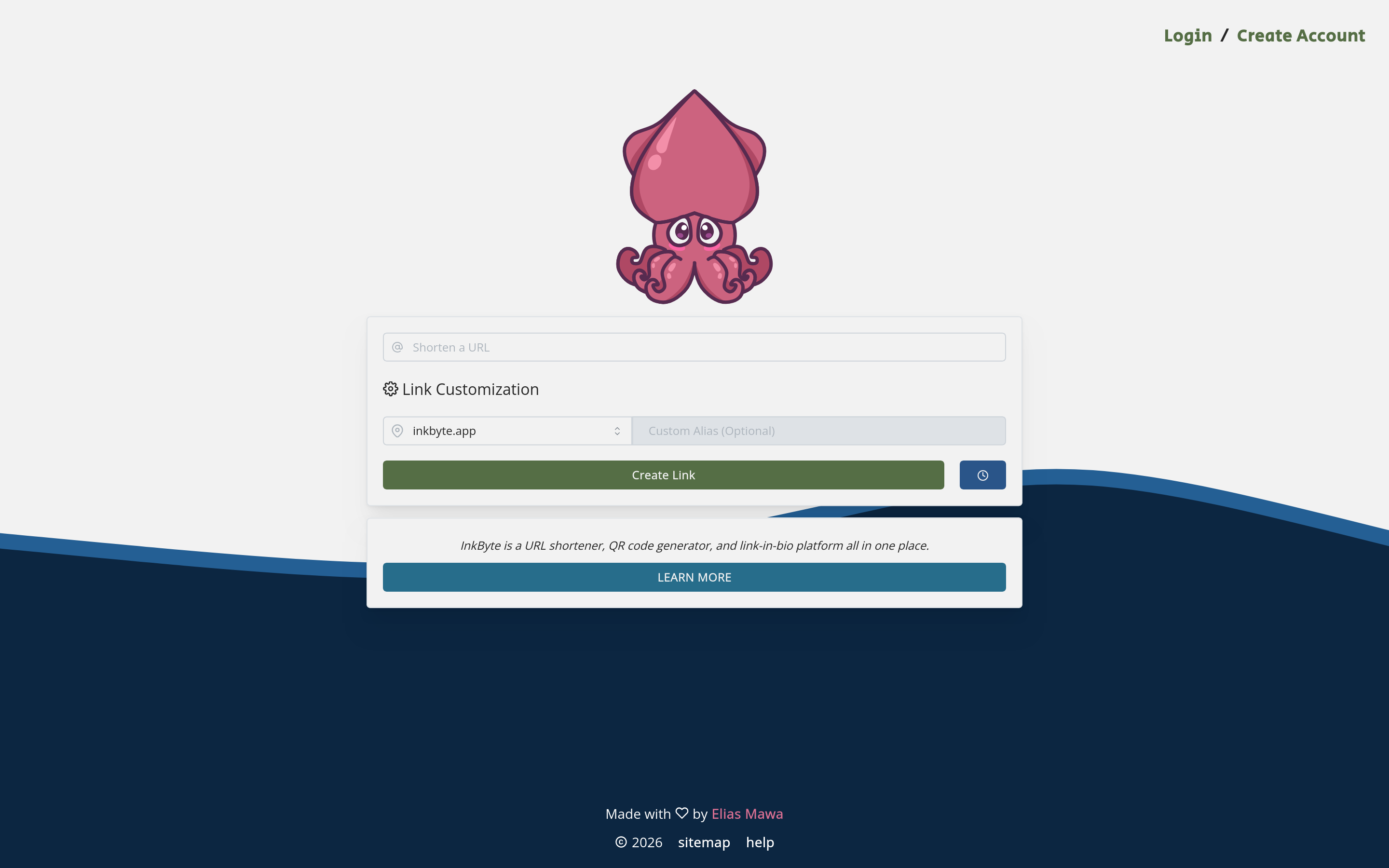 InkByte main page showing the link shortener interface